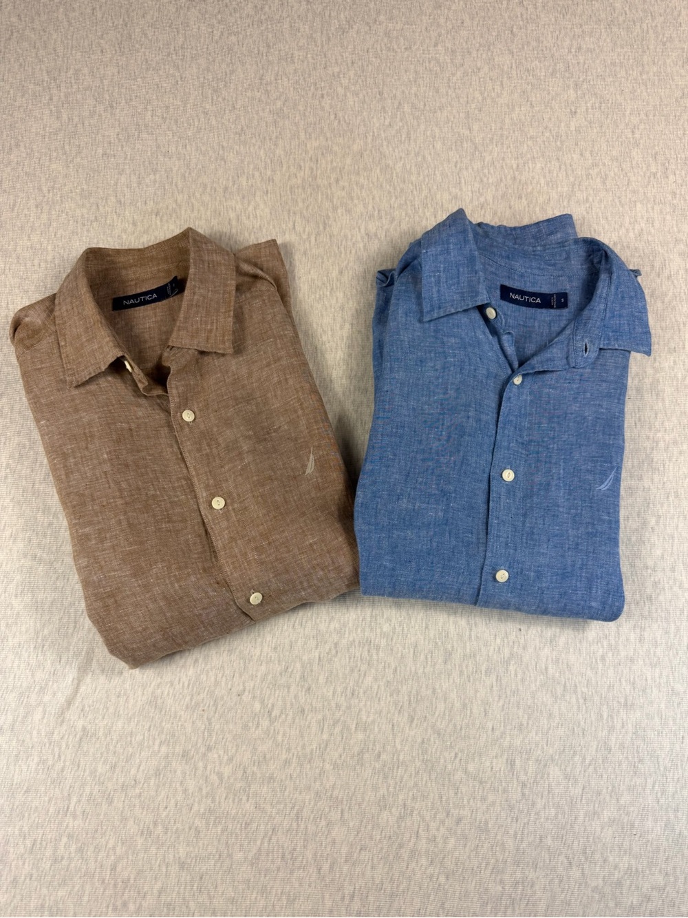 Nautica Men’s 100% Linen Button Down Shirts Size Small Blue and Brown Lot of 2